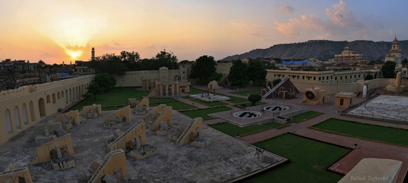 The sun sets over the historic observatory of Jantar Mantar in Jaipur, India. The architectural astronomical instruments are built by Maharaja(King) Jai Singh II at his then new capital of Jaipur between 1727 and 1734. He had constructed a total of five such observatories at different locations, including Delhi, while the Jaipur observatory is the largest of all and one of the biggest stone observatories in the world. Jantar Mantar means literally 'calculation instrument'. The instruments are in most cases huge structures. They are built on a large scale so that accuracy of readings can be obtained. The observatory consists of fourteen major geometric devices for measuring time, predicting eclipses, tracking stars in their orbits, ascertaining the declinations of planets, and determining the celestial altitudes and related ephemerides. Babak Tafreshi/Dreamview.net 
